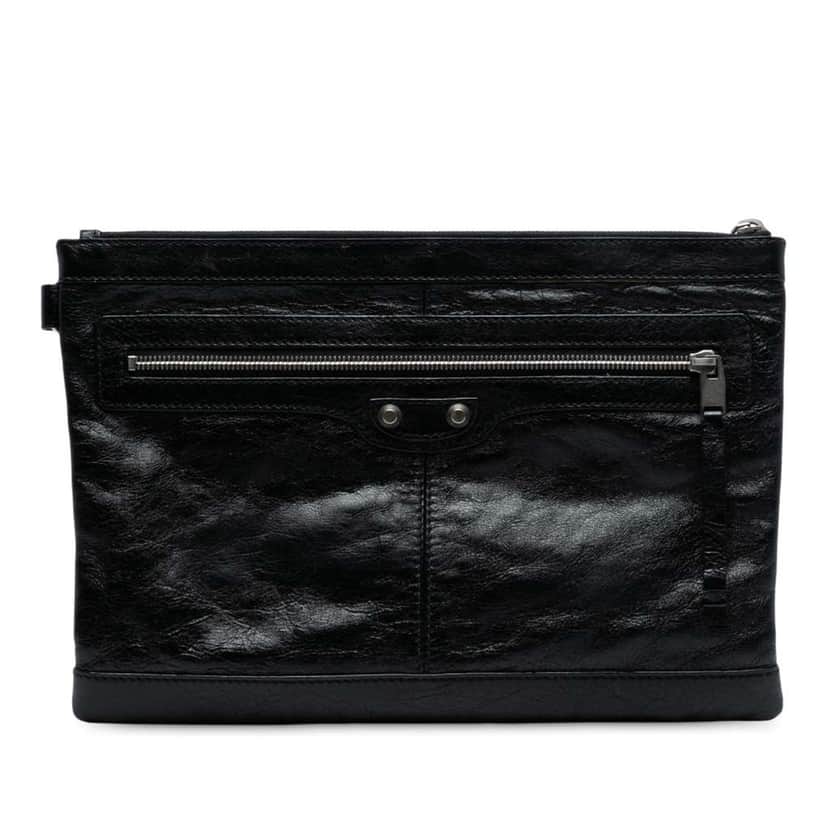Balenciaga Lambskin Motocross Classic Clip M Clutch Black Leather Good condition - Front View