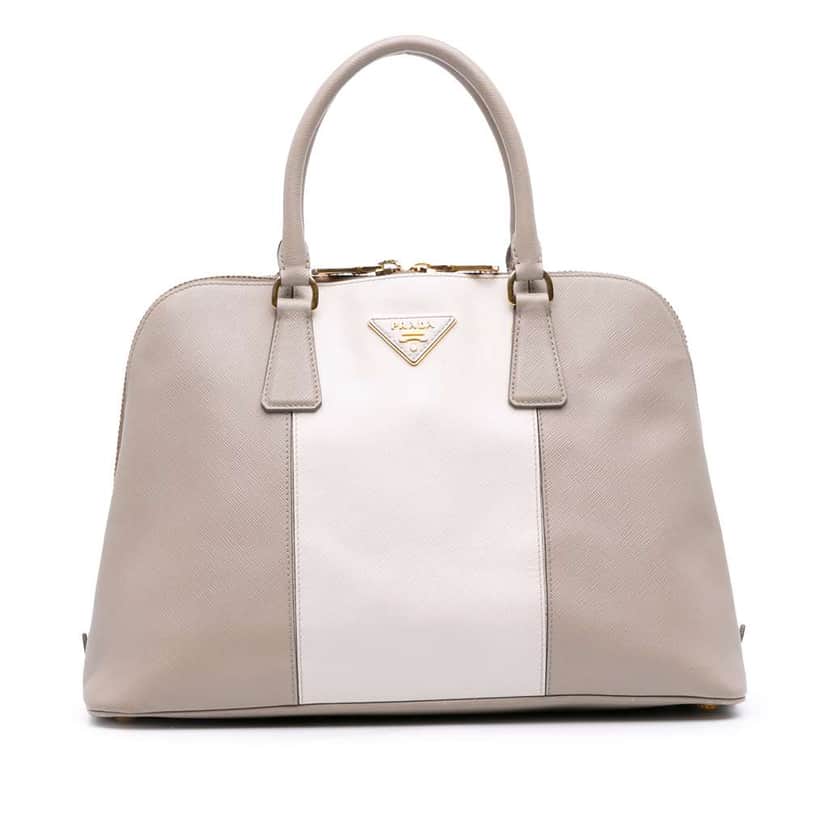 Prada Medium Bicolor Saffiano Lux Promenade Satchel Grey Leather Good condition - Front View