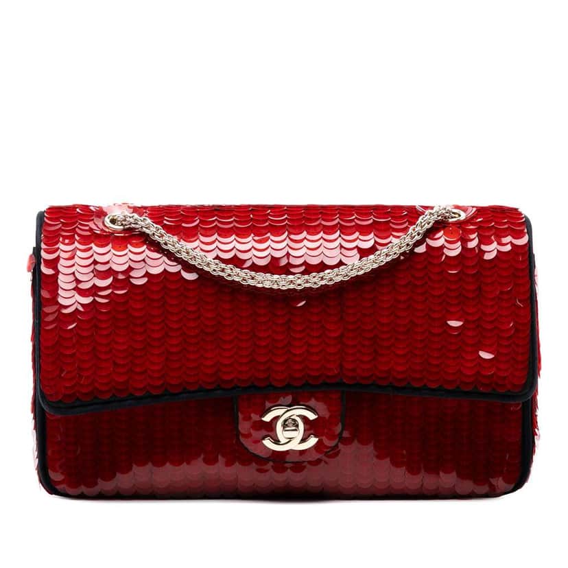 Chanel Paris-Shanghai Medium Satin and Sequins Double Flap Red Satin Good condition - Front View