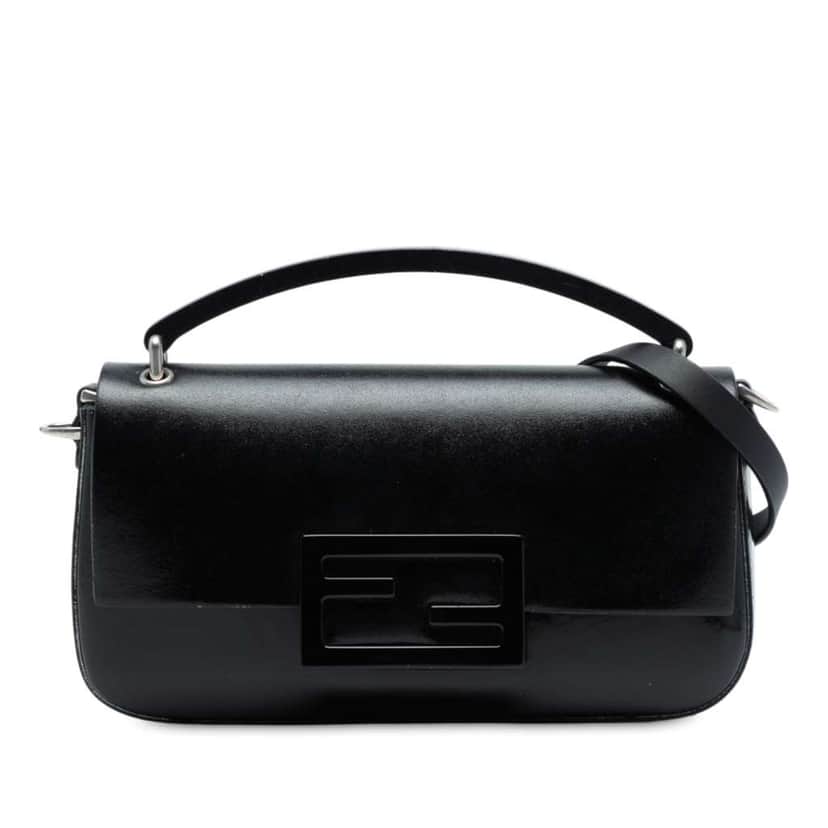 Fendi Calfskin and Patent Baguette Phone Pouch Satchel Black Leather Good condition - Front View