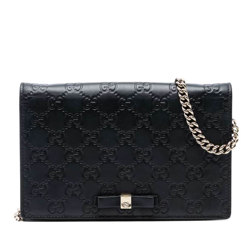 Gucci Mini Guccissima Bow Signature Wallet On Chain Black Leather Very good condition - Front View