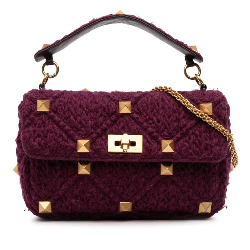 Valentino Large Knit Roman Stud Satchel Purple Wool Very good condition - Front View