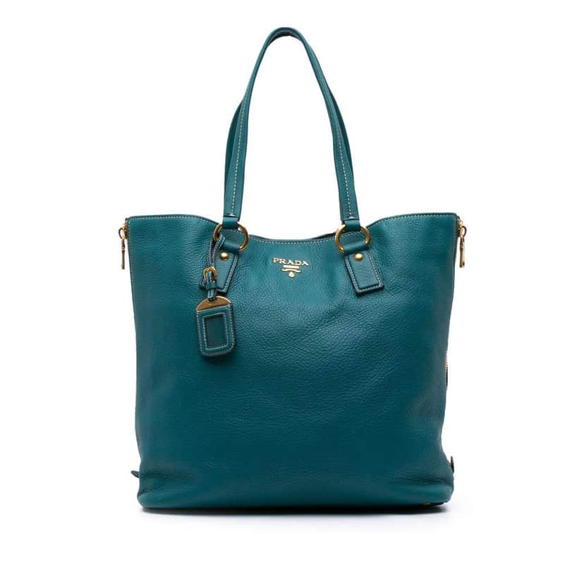 Prada Vitello Daino Side Zip Tote Blue Leather Good condition - Front View