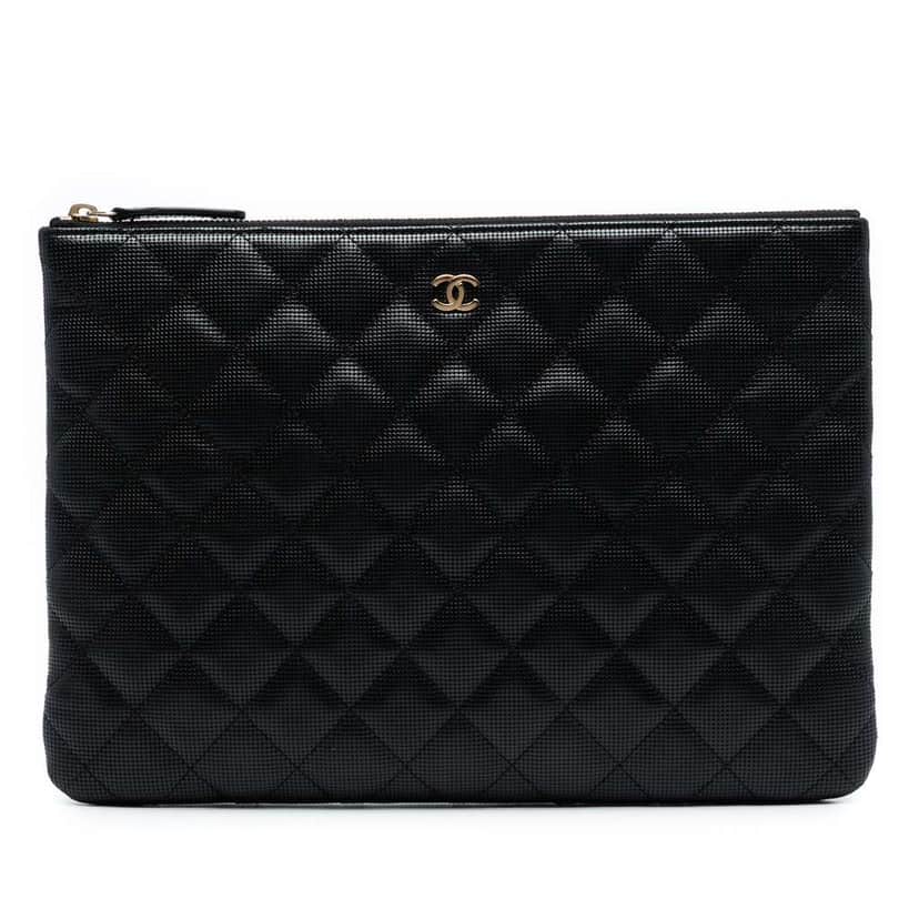 Chanel Medium Quilted Calfskin Pixel Effect O Case Clutch Black Leather Good condition - Front View