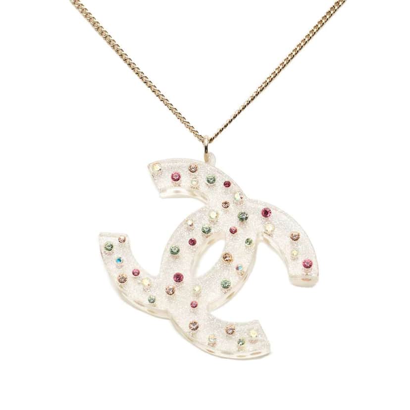 Chanel Gold Plated Resin CC Rhinestone Embellished Pendant Necklace Gold Metal Good condition - Front View