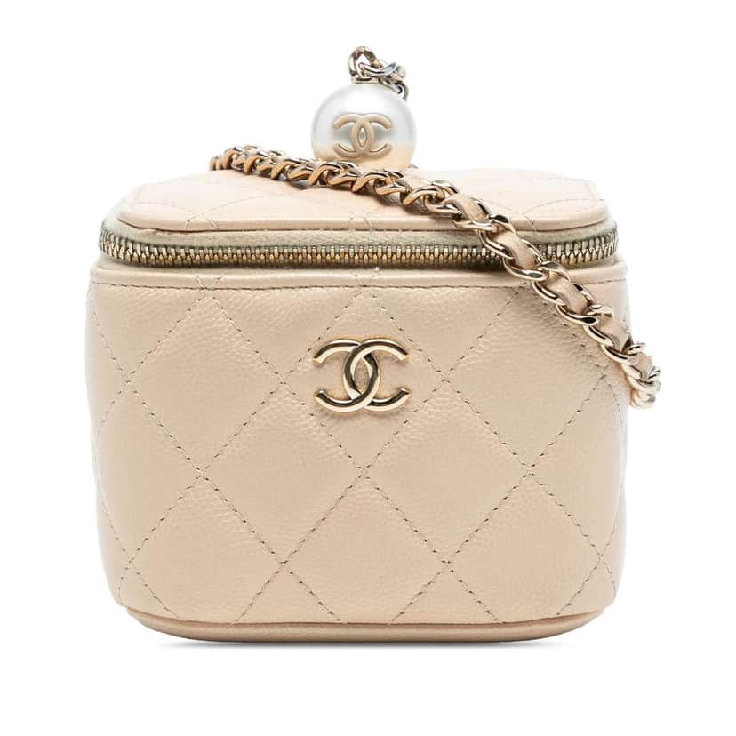 Chanel Mini Quilted Iridescent Caviar Pearl On Top Vanity Case With Chain Brown Leather Good condition - Front View
