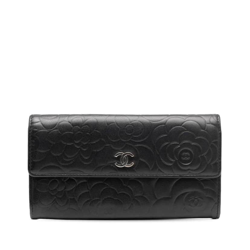 Chanel CC Embossed Calfskin Camellia Flap Wallet Black Leather Good condition - Front View