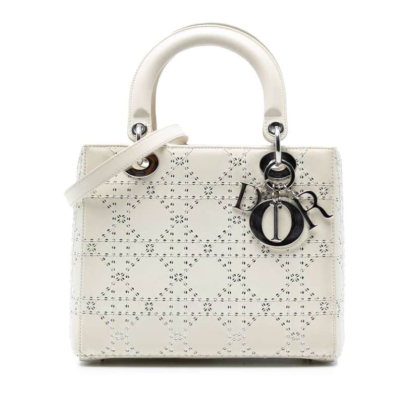 Dior Medium Perforated Calfskin Cannage Lady Dior White Leather Good condition - Front View