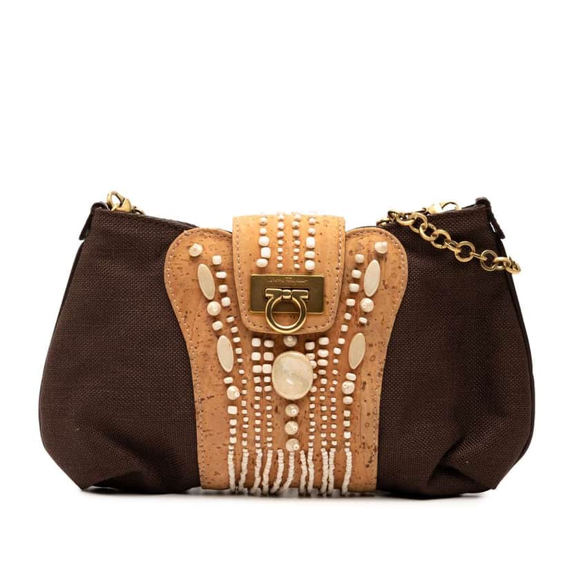 Salvatore Ferragamo Studded Canvas Gancini Clutch on Chain Brown Canvas Good condition - Front View