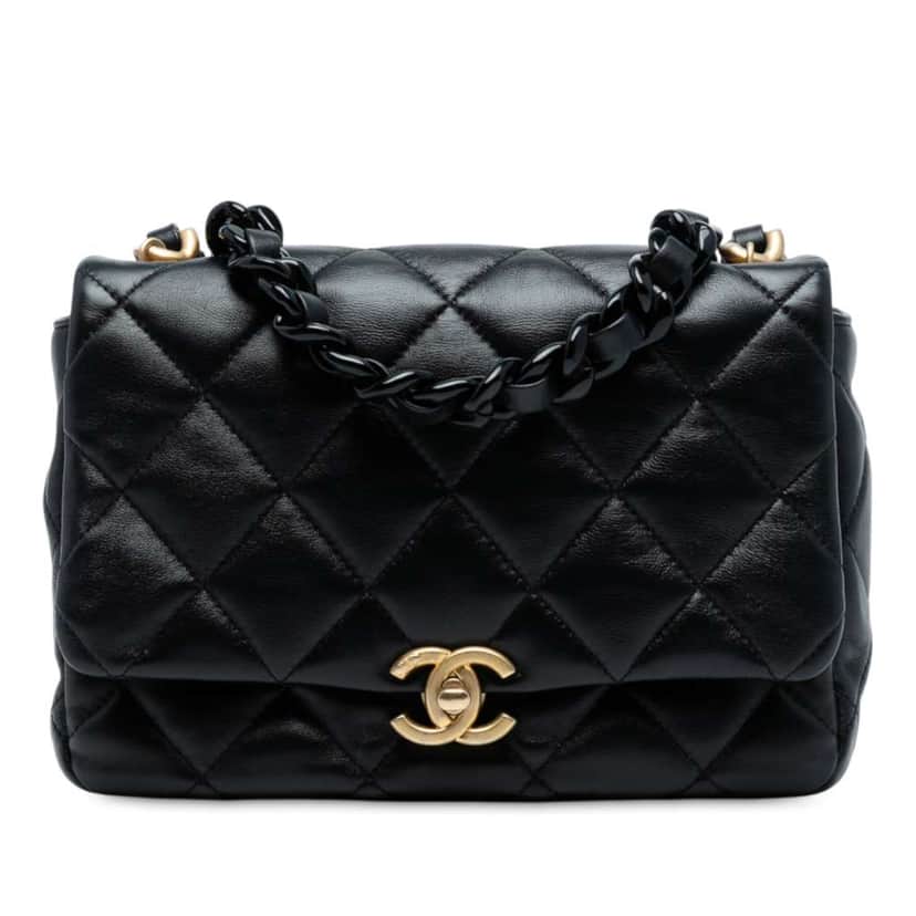 Chanel Mini Quilted Lambskin Lacquered Chain Flap Black Leather Good condition - Front View