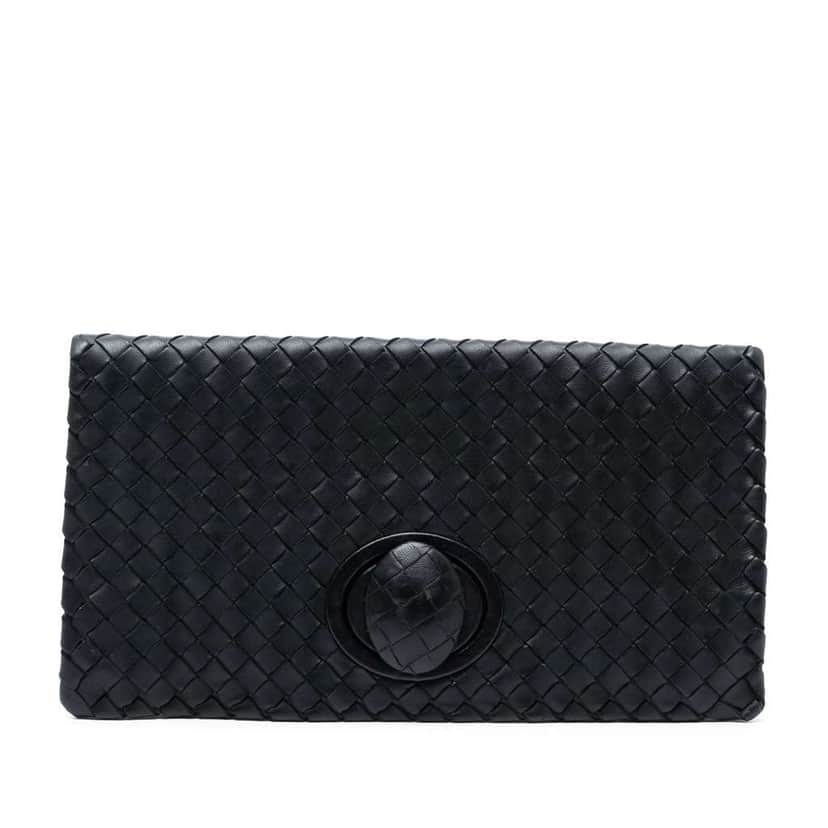 Bottega Veneta Nappa Intrecciato Turn Lock Clutch Black Leather Good condition - Front View