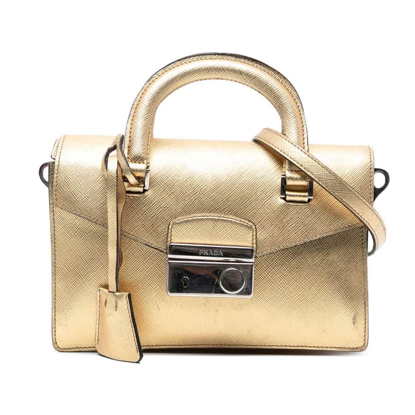 Prada Mini Metallic Saffiano Sound Lock Satchel Gold Leather Good condition - Front View