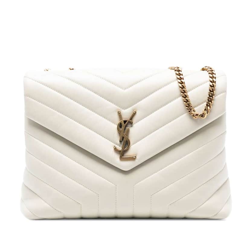 Saint Laurent Large Chevron Leather Monogram LouLou Shoulder Bag White Leather Good condition - Front View