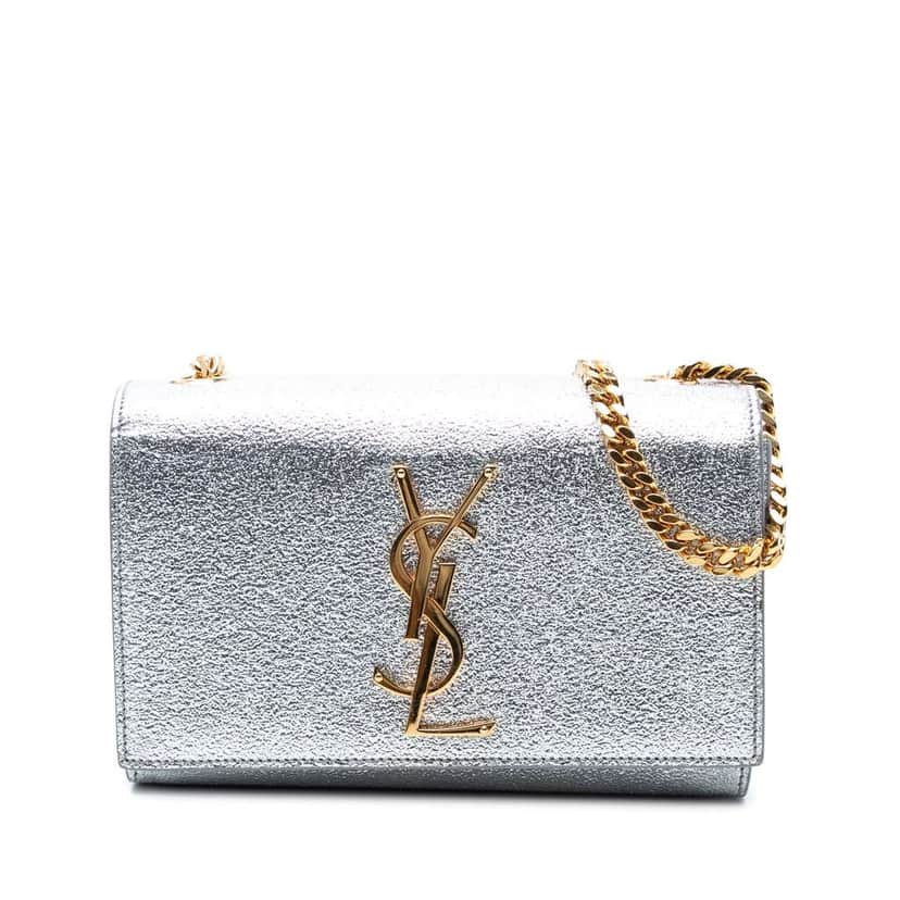 Saint Laurent Small Metallic Calfskin Classic Monogram Kate Crossbody Silver Leather Good condition - Front View