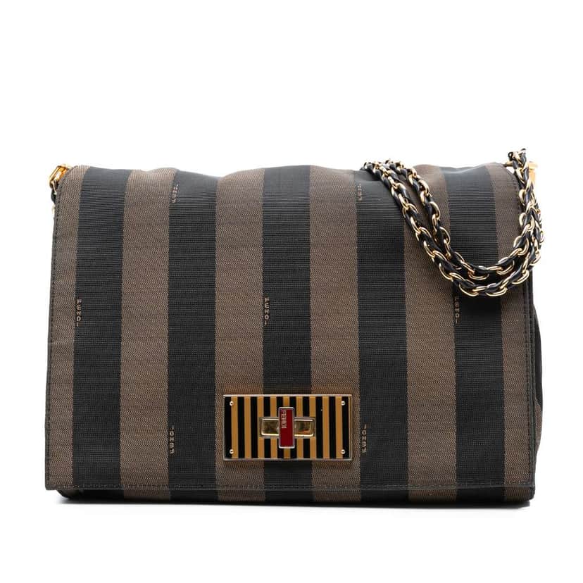 Fendi Large Canvas Pequin Claudia Shoulder Bag Brown Canvas Good condition - Front View