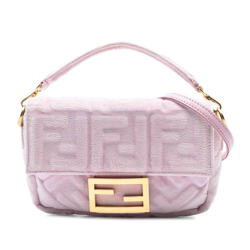 Fendi Mini Zucca Embossed Velvet Baguette Satchel Pink Velvet Very good condition - Front View