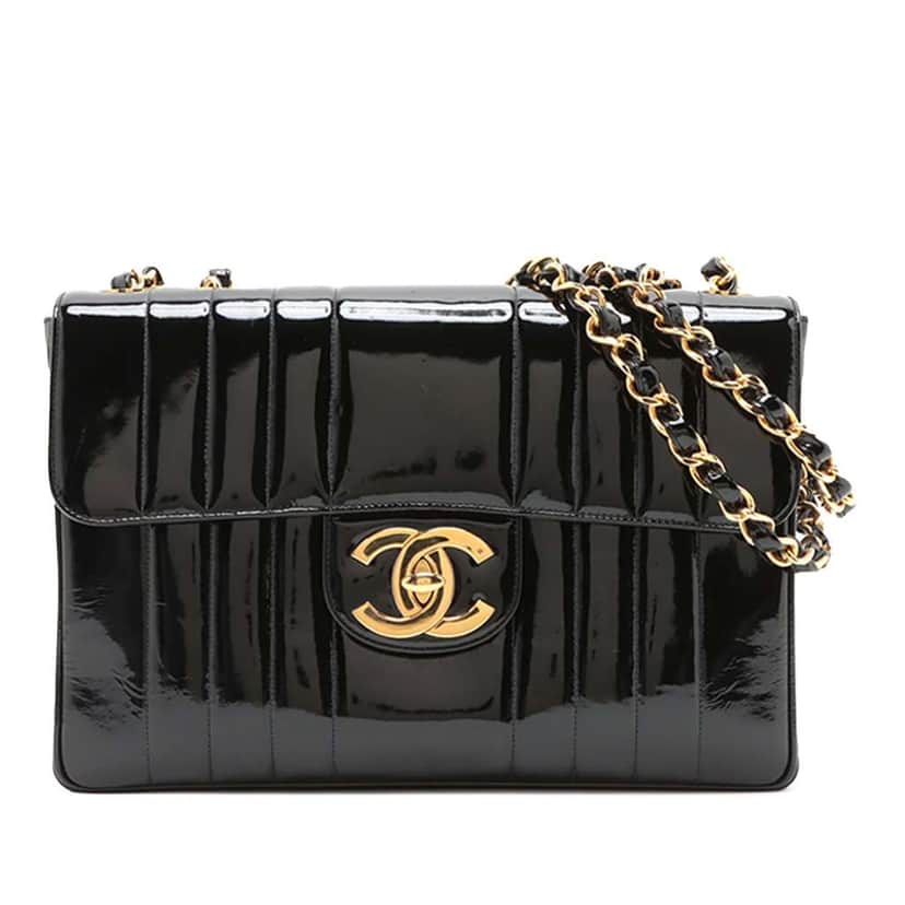 Chanel Jumbo Patent Vertical Quilt Mademoiselle Flap Black Leather Good condition - Front View