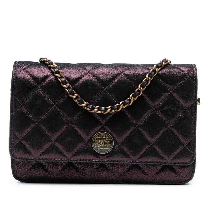 Chanel Quilted Iridescent Lambskin Tartan Button Wallet On Chain Purple Leather Good condition - Front View
