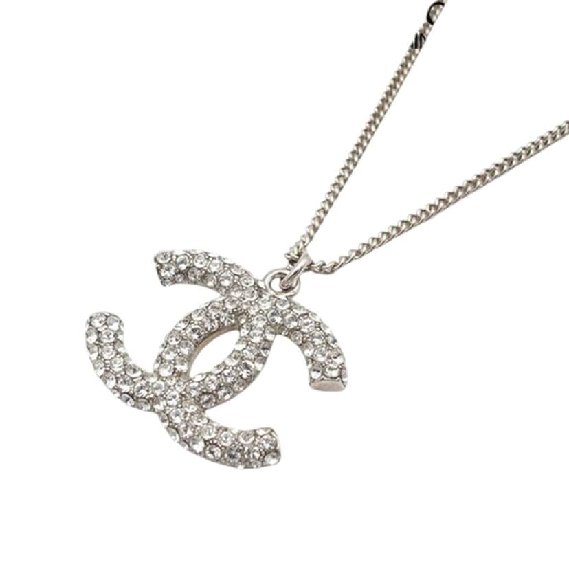 Chanel Silver Plated Crystal CC Logo Pendant Necklace Silver Metal Good condition - Front View