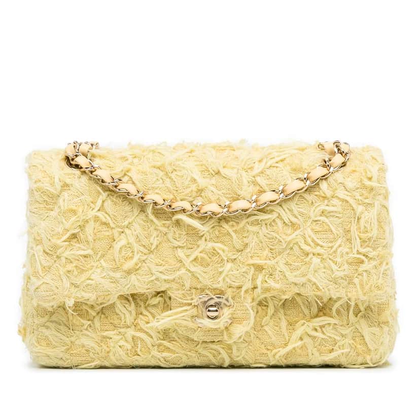 Chanel Medium Classic Fringed Tweed Double Flap Yellow Tweed Good condition - Front View