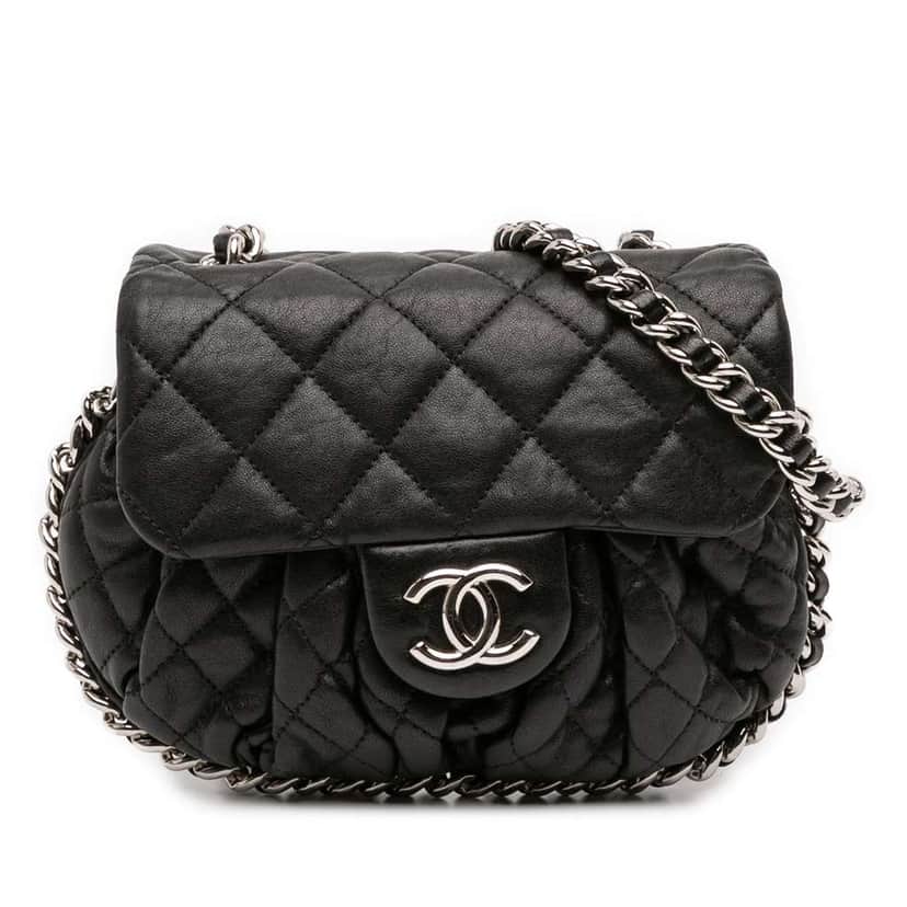Chanel Mini Quilted Lambskin Chain Around Flap Black Leather Good condition - Front View