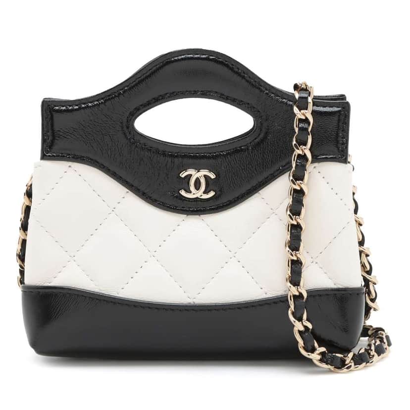Chanel Nano Bicolor Quilted Shiny Lambskin 31 Clutch With Chain White Leather Good condition - Front View