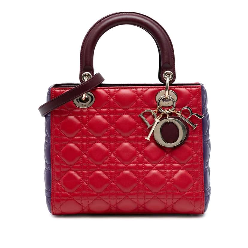 Dior Medium Tricolor Lambskin Cannage Lady Dior Red Leather Good condition - Front View