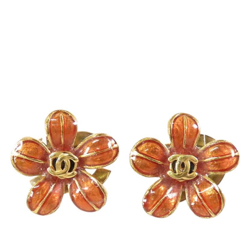 Chanel Gold Plated Resin CC Flower Push Back Earrings Orange Good condition - Front View