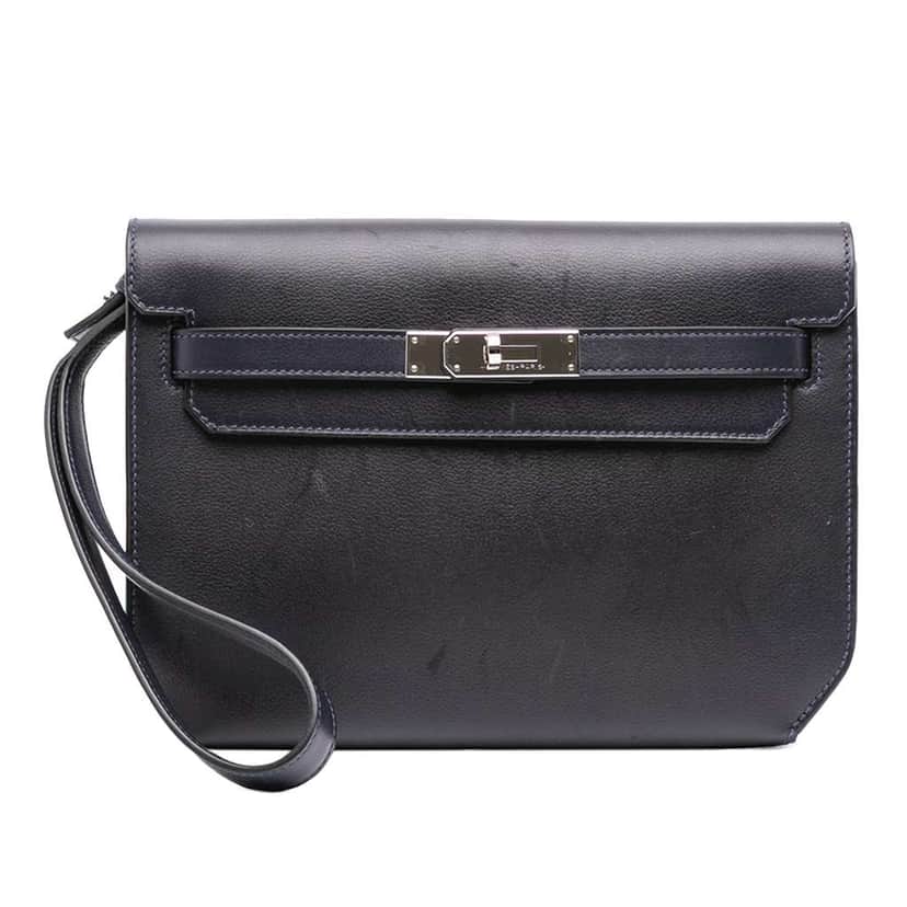 Hermès Evergrain Kelly Depeches Pouch 25 Blue Leather Good condition - Front View