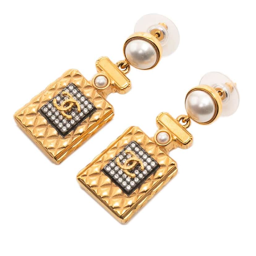Chanel Gold Plated Faux Pearl and Strass CC Perfume Bottle Drop Earrings Gold Metal Good condition - Front View