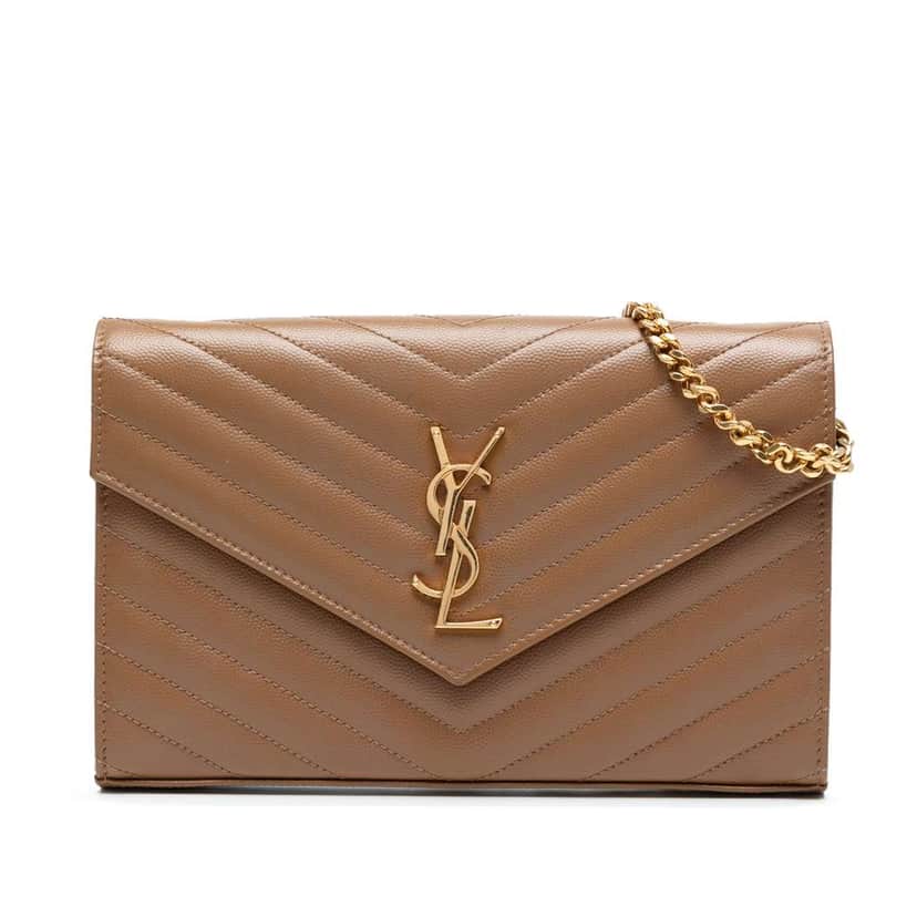 Saint Laurent Grain De Poudre Matelasse Chevron Monogram Chain Wallet Brown Leather Good condition - Front View