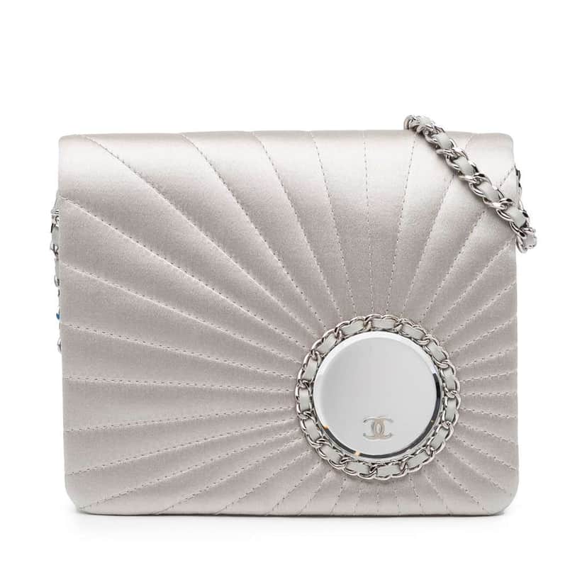 Chanel Satin Embellished Mirror Flap with Chain Silver Satin Good condition - Front View
