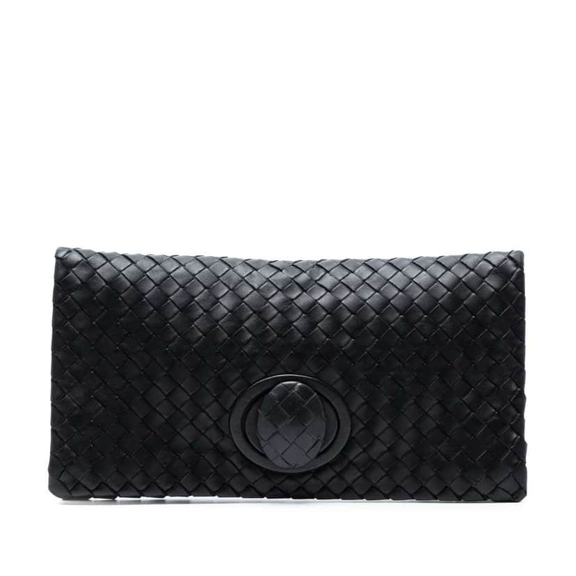 Bottega Veneta Nappa Intrecciato Turn Lock Clutch Black Leather Good condition - Front View