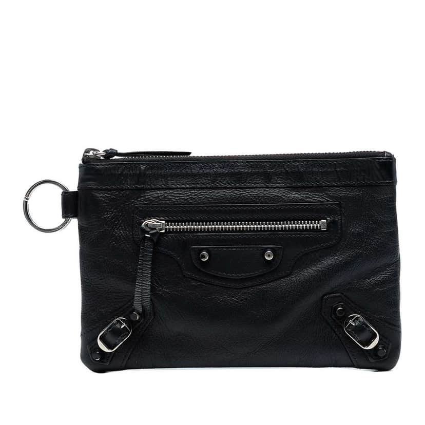 Balenciaga Lambskin Motocross Classic Clip Zip Pouch Black Leather Very good condition - Front View
