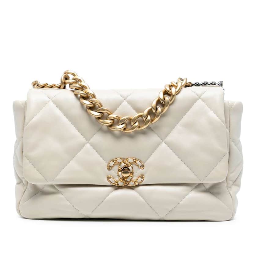 Chanel Large Lambskin 19 Flap White Leather Good condition - Front View