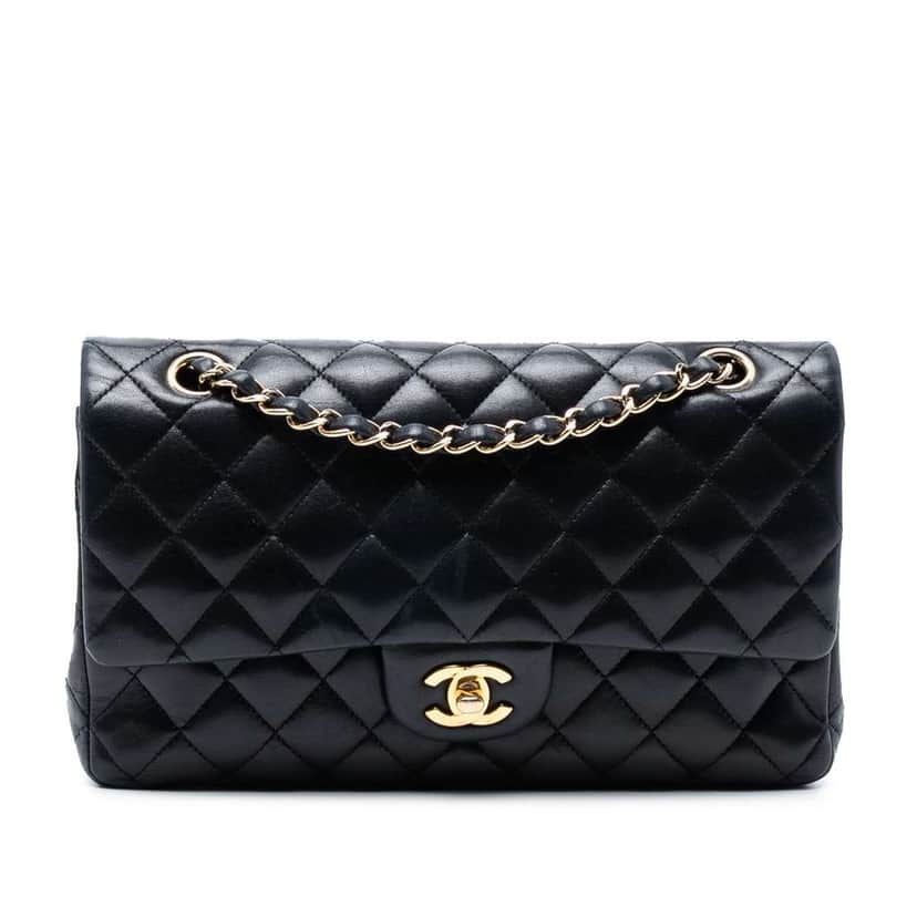 Chanel Medium Classic Lambskin Double Flap Black Leather Good condition - Front View