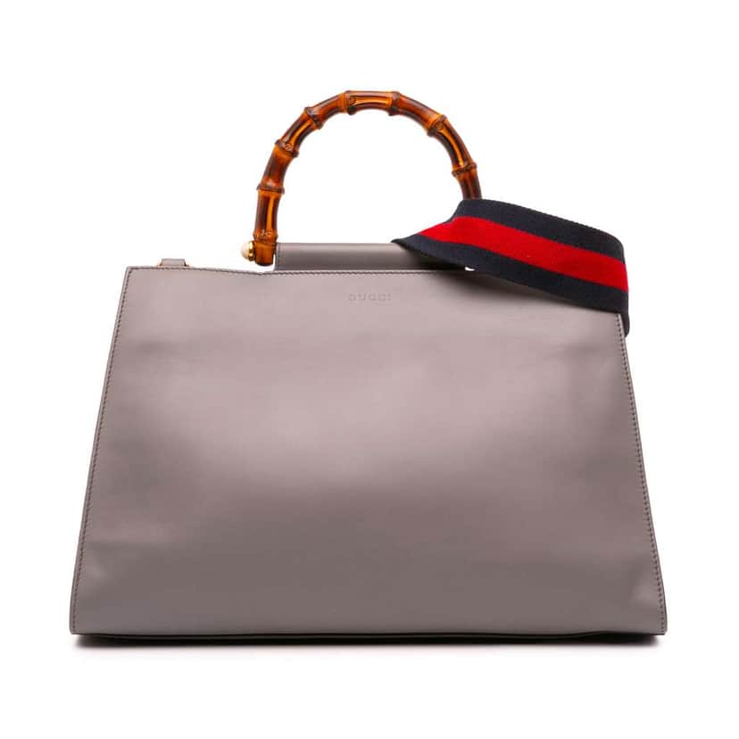 Gucci Medium Leather Bamboo Nymphaea Satchel Grey Leather Good condition - Front View