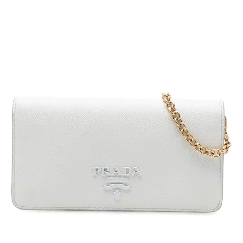 Prada Saffiano Lux Monochrome Wallet on Chain White Leather Good condition - Front View
