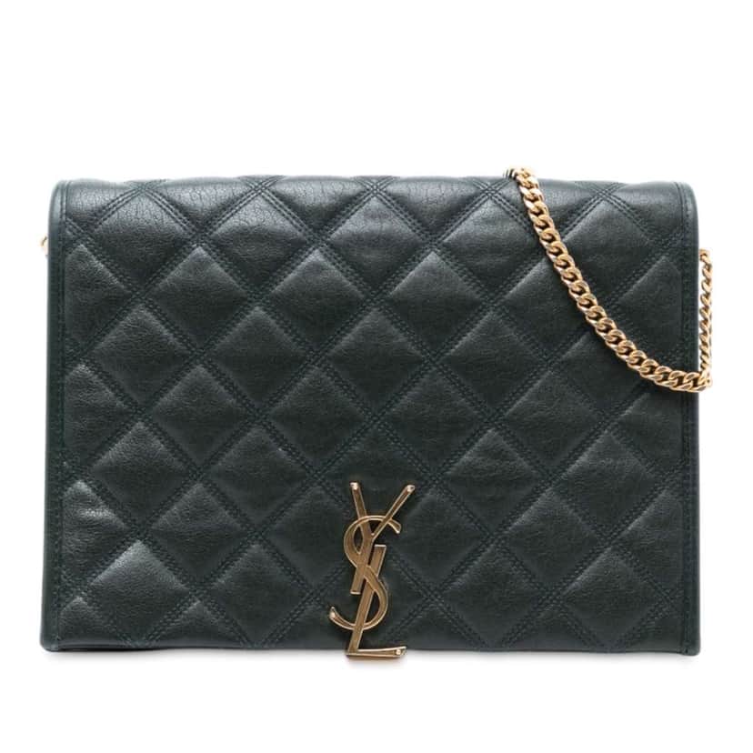Saint Laurent Small Quilted Lambskin Becky Chain Shoulder Bag Green Leather Good condition - Front View