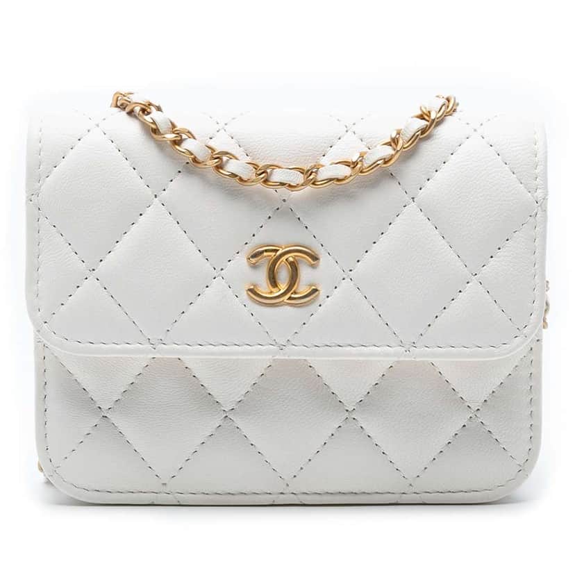 Chanel Mini CC Quilted Lambskin Pearl Crush Pouch with Chain White Leather Good condition - Front View