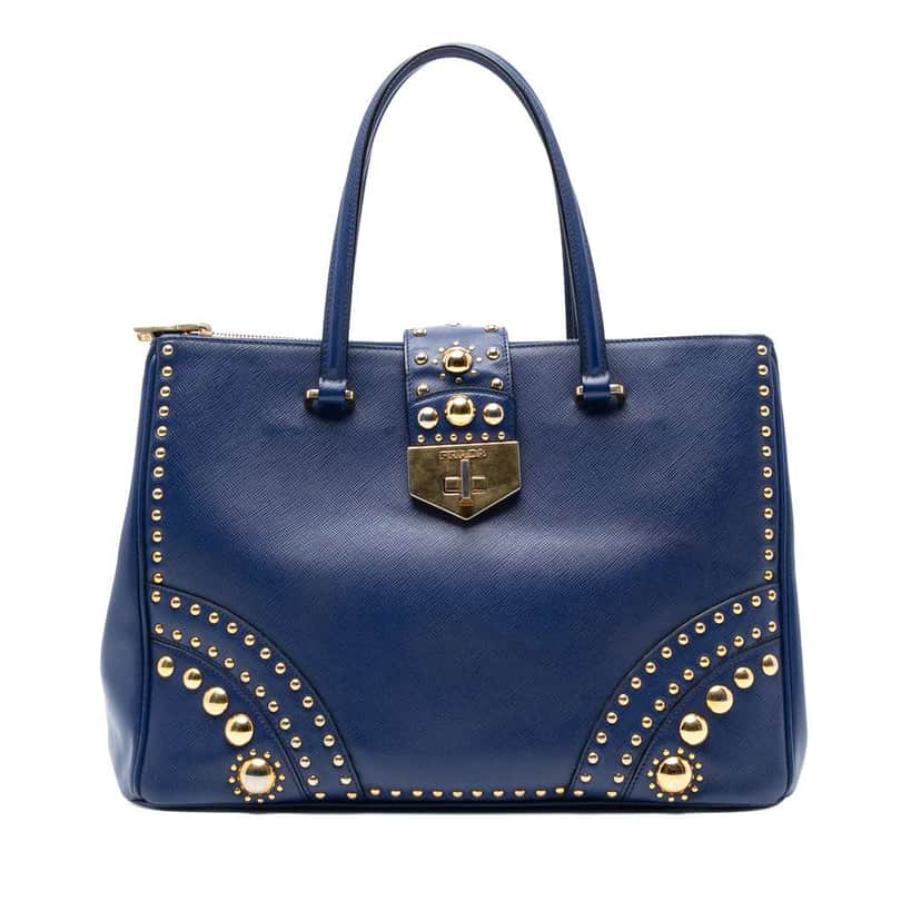 Prada Saffiano Turnlock Double Zip Studded Tote Blue Leather Good condition - Front View