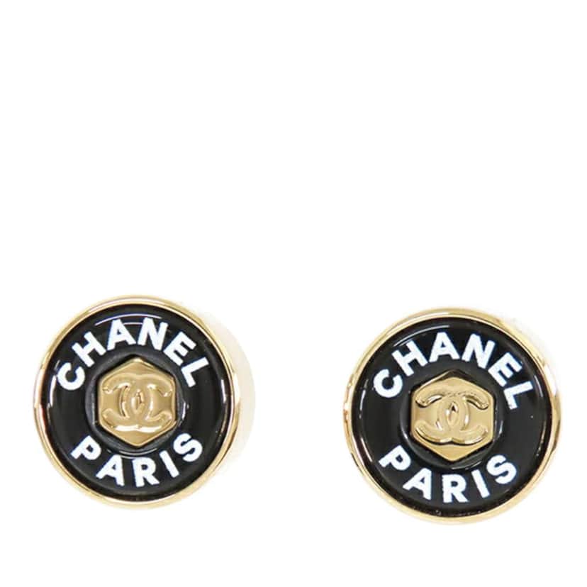 Chanel Gold Plated Enamel Logo Button Bullet Back Earrings Black Good condition - Front View
