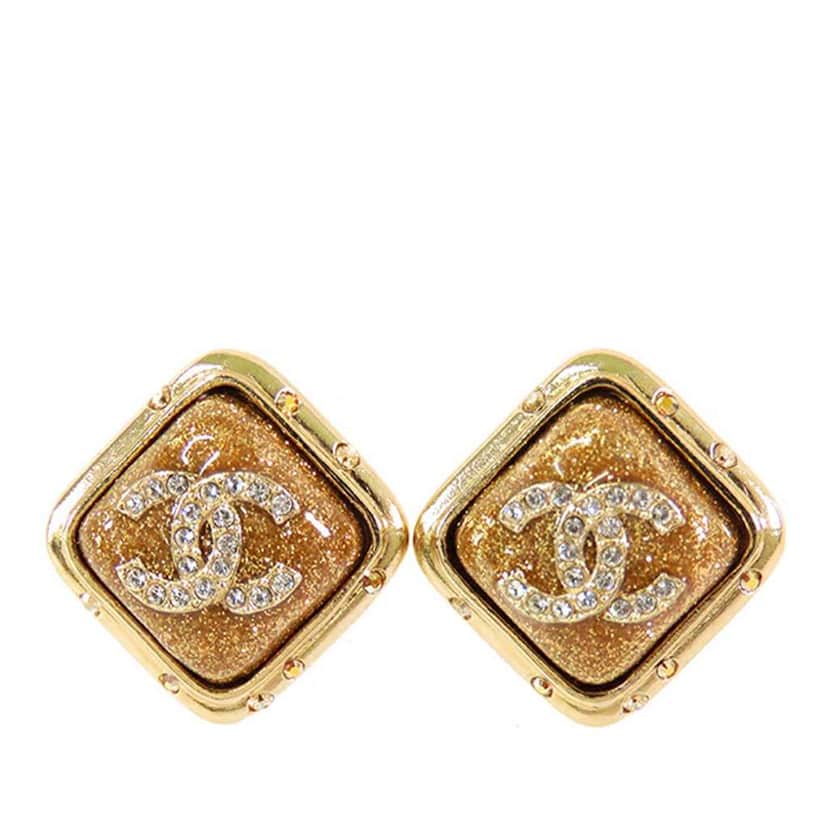 Chanel Gold Plated CC Crystal Square Earrings Gold Metal Good condition - Front View