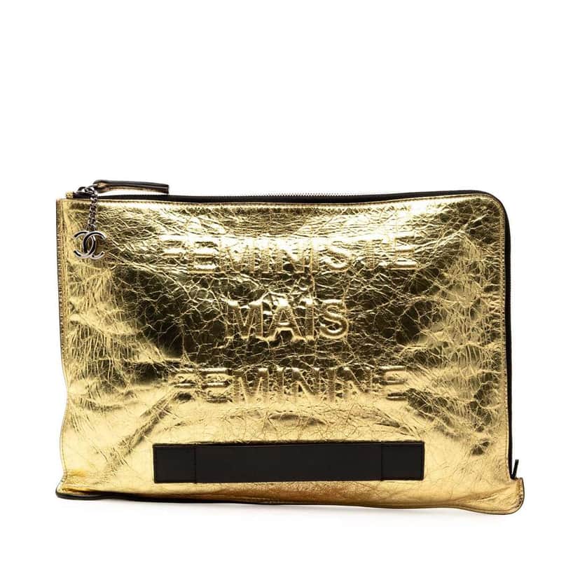 Chanel Metallic Crinkled Calfskin Feministe Mais Feminine Pouch Gold Leather Good condition - Front View