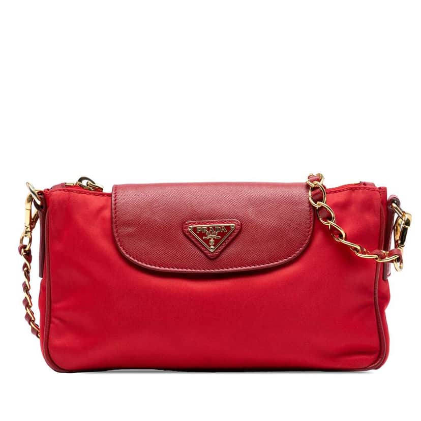 Prada Saffiano Trimmed Tessuto Chain Crossbody Red Good condition - Front View