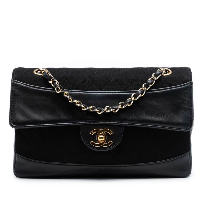 Chanel CC Quilted Jersey and Lambskin Flap Black Cotton Very good condition - Front View
