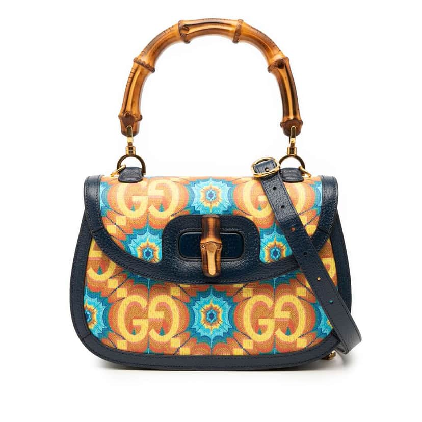 Gucci 100th Anniversary Medium GG Coated Canvas Kaleidoscope 1947 Bamboo Top Handle Bag Blue Canvas Very good condition - Front View