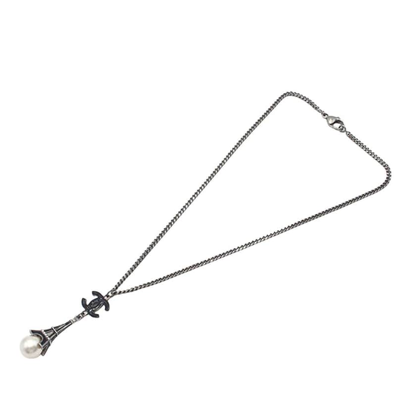 Chanel Silver Plated Faux Pearl Enamel CC Eiffel Tower Charm Necklace Silver Silver Good condition - Front View