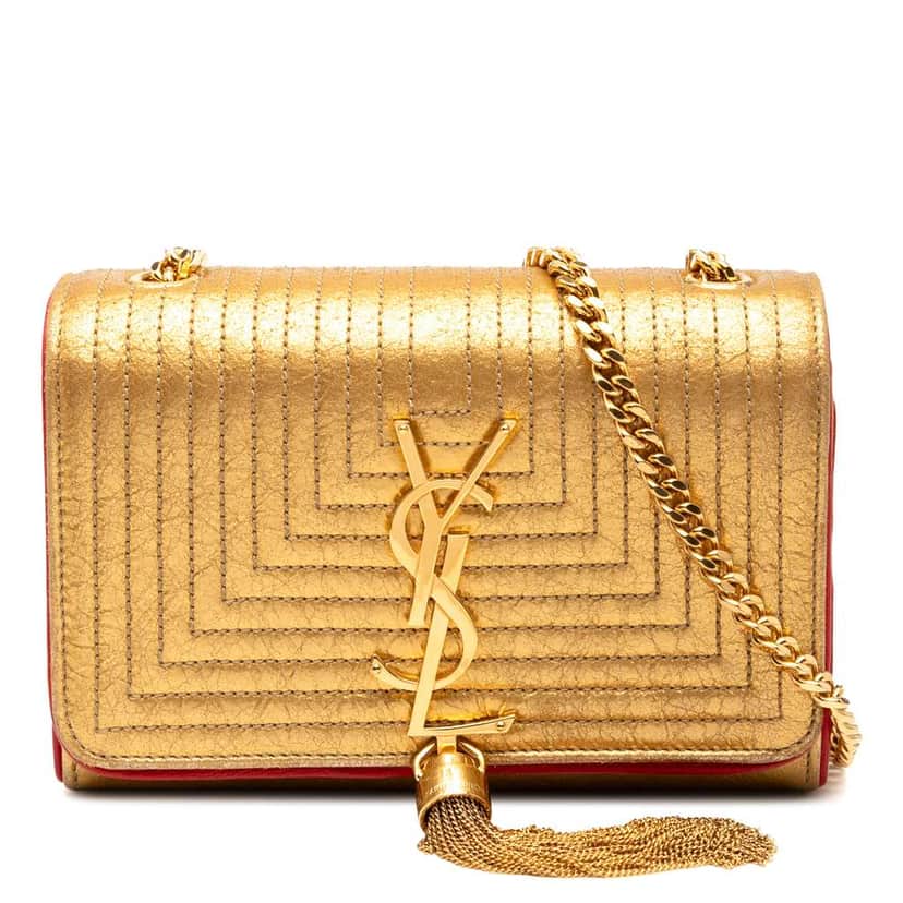 Saint Laurent Small Metallic Quilted Calfskin Monogram Kate Tassel Crossbody Gold Leather Good condition - Front View