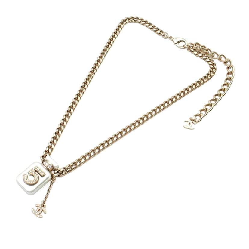 Chanel Gold Plated CC Resin and Rhinestones No. 5 Perfume Bottle Pendant Necklace Gold Metal Good condition - Front View